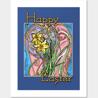 Happy Easter! Colorful Watercolor Daffodils on Blue Marble Posters and Art